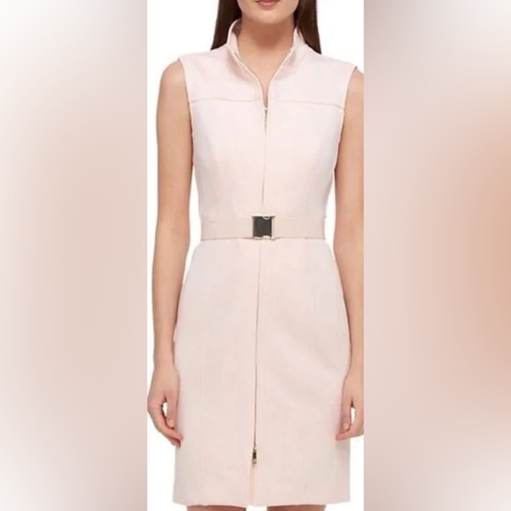 Tommy Hilfiger Classic Scuba Zip Up Dress Pink Blush Nude Belted Collar Sz 4